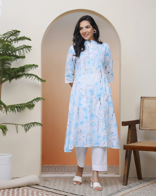 Vaasva Women White Floral Cotton Printed Flare Kurti | Swadesiicart