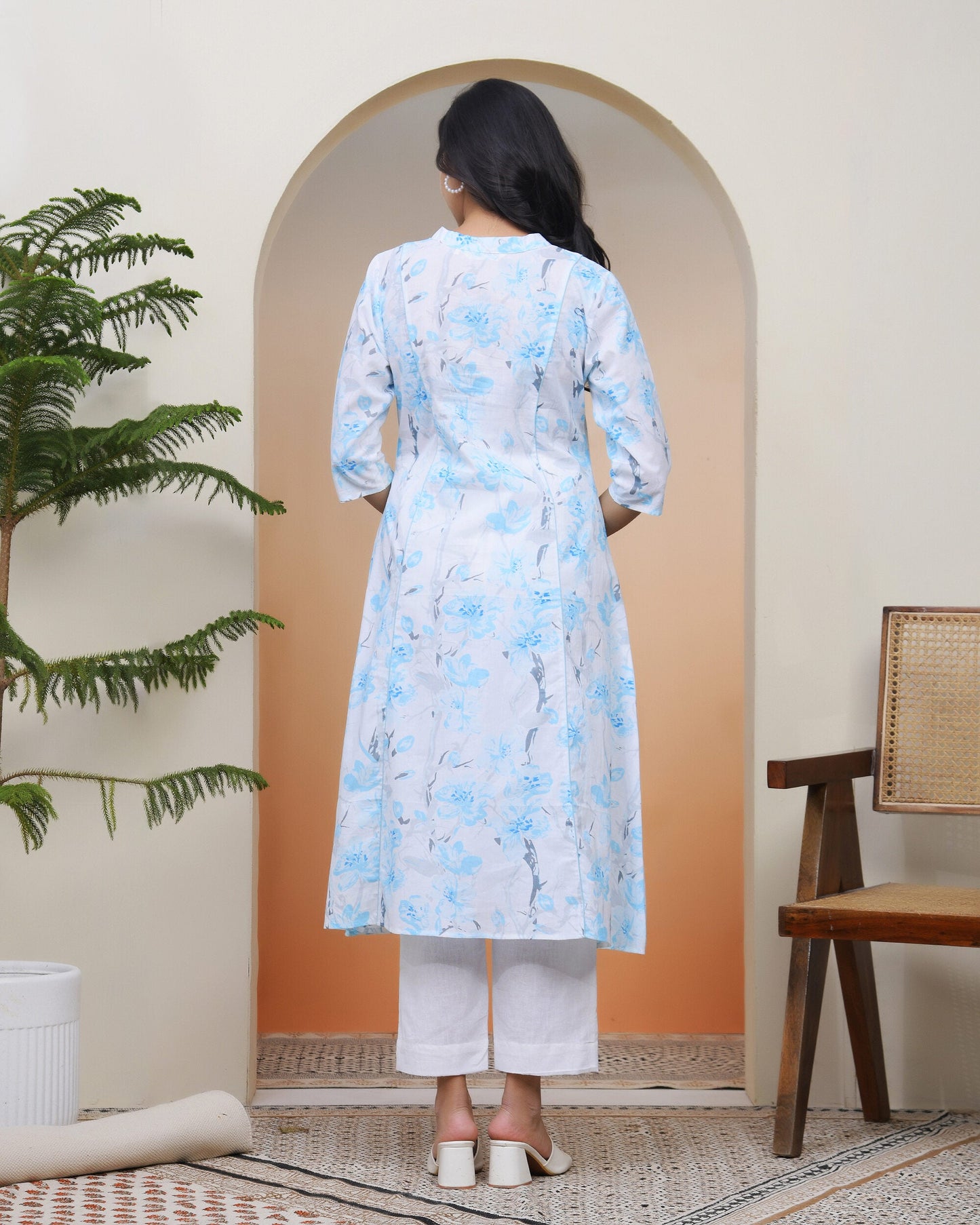 Vaasva Women White Floral Cotton Printed Flare Kurti | Swadesiicart