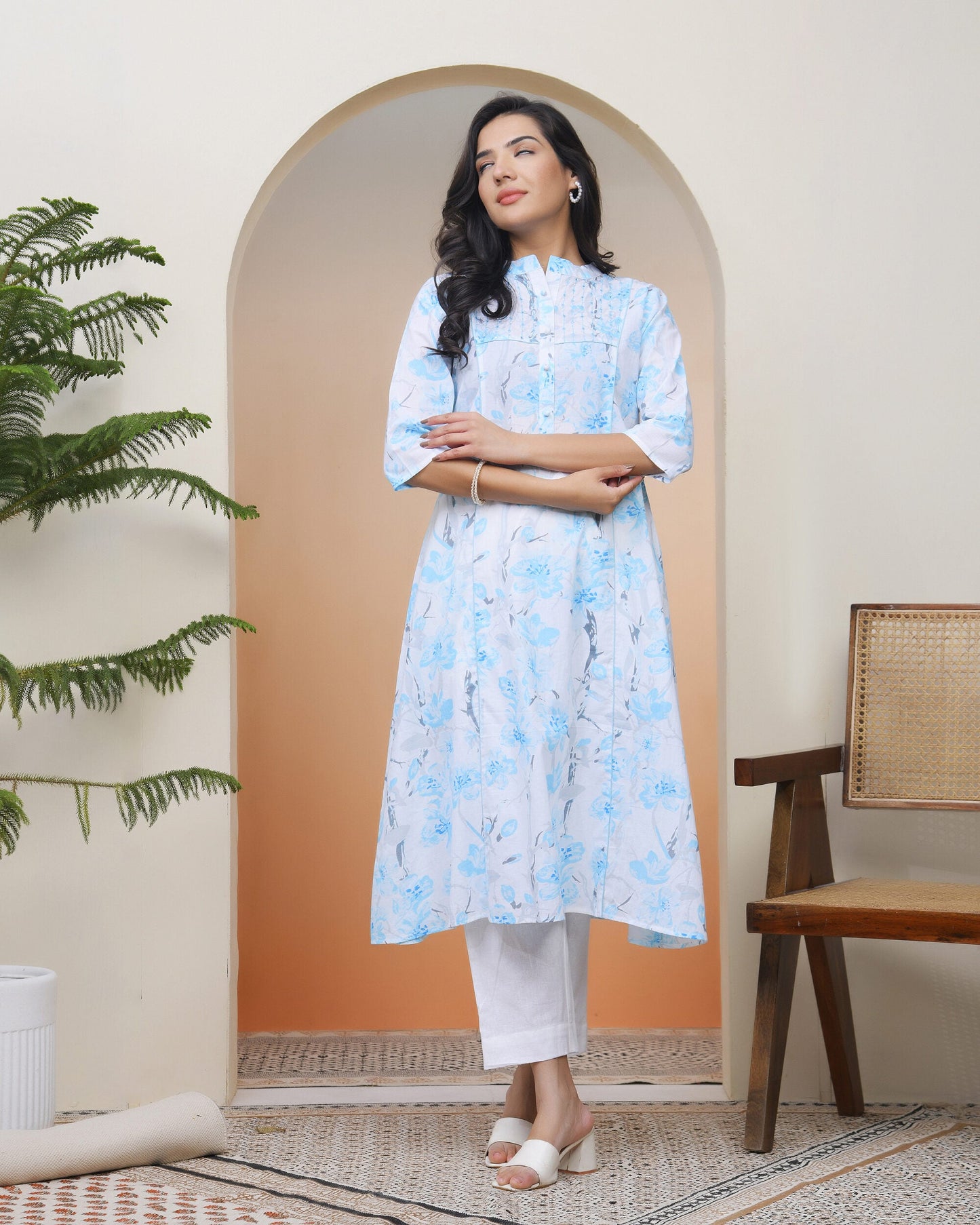 Vaasva Women White Floral Cotton Printed Flare Kurti | Swadesiicart