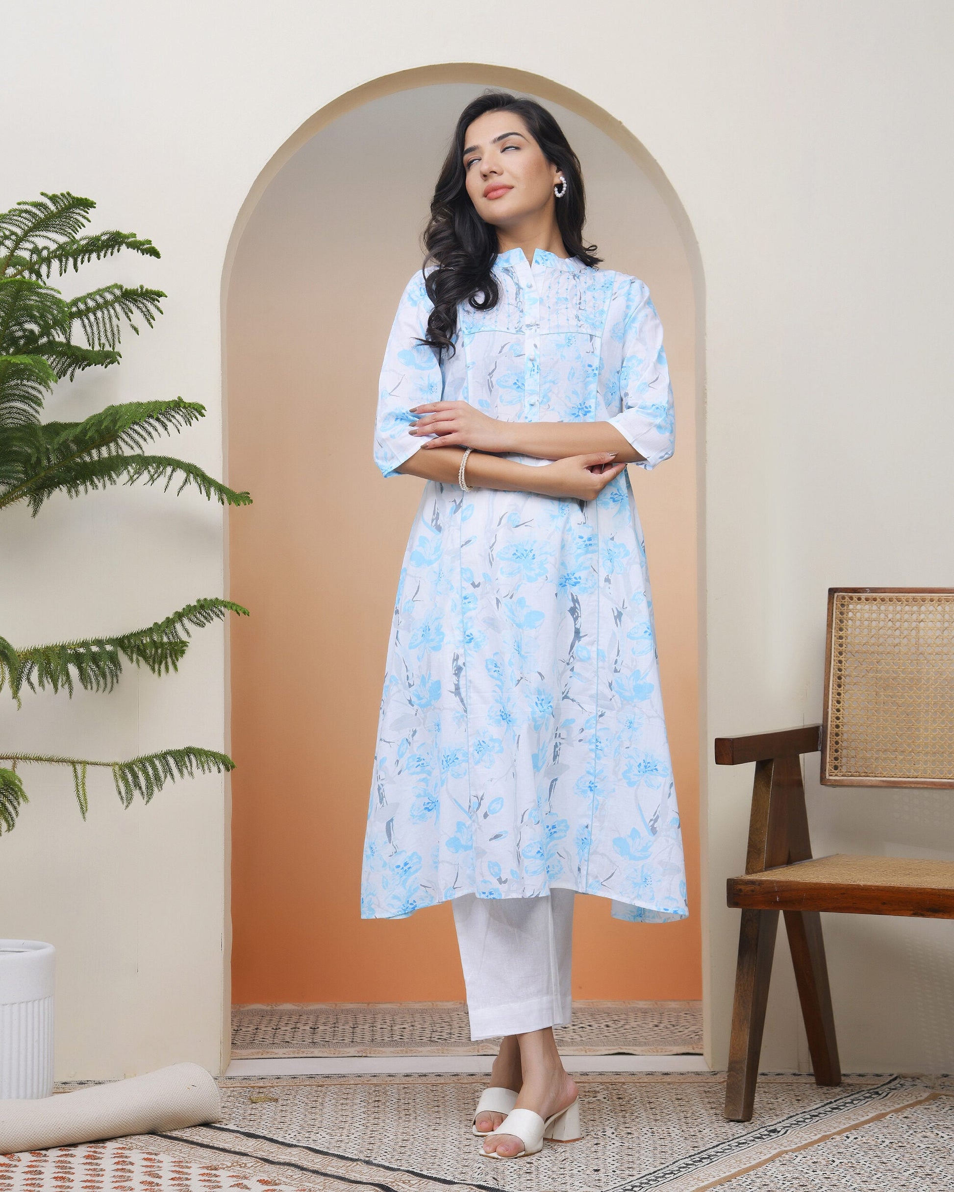 Vaasva Women White Floral Cotton Printed Flare Kurti | Swadesiicart