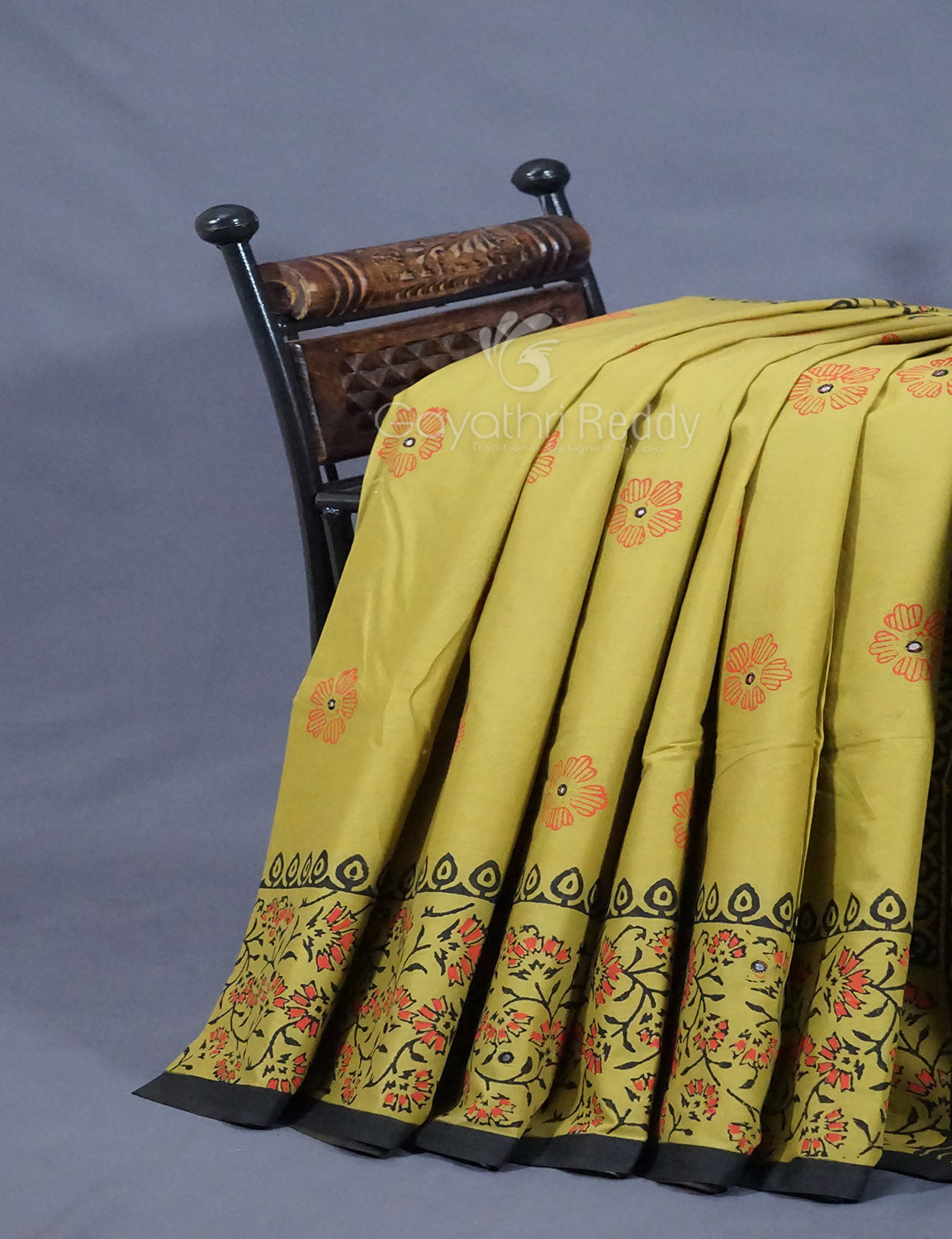 Mehndi Green Colour Block Print With Mirron Embroidered Pure Mulmul Cotton Saree By Gayathri Reddy Designer Studio | Swadesiicart