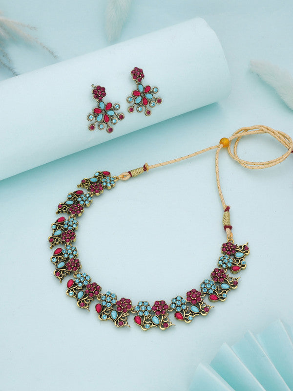 Tehzeeb Creations Luxurious Gold Polished Pink & Sky Blue Colour Diamond Choker Necklace Set With Matching Earrings - Swadesiicart