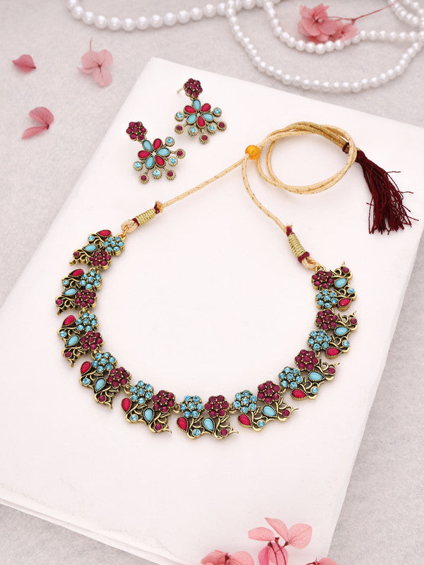 Tehzeeb Creations Luxurious Gold Polished Pink & Sky Blue Colour Diamond Choker Necklace Set With Matching Earrings - Swadesiicart