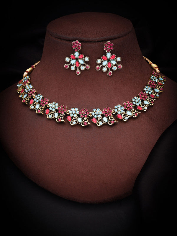 Tehzeeb Creations Luxurious Gold Polished Pink & Sky Blue Colour Diamond Choker Necklace Set With Matching Earrings - Swadesiicart