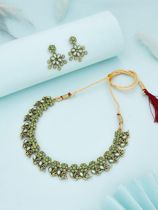 Tehzeeb Creations Luxurious Gold Polished Sea Green Colour Diamond Choker Necklace Set With Matching Earrings - Swadesiicart