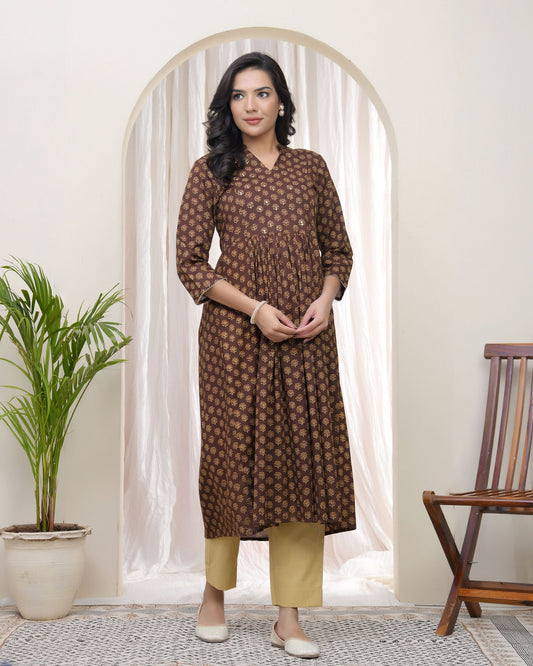 Vaasva Brown Boonta Cotton Printed Gathered Kurti - Swadesiicart