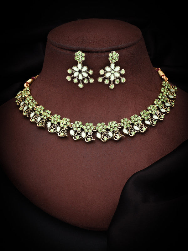 Tehzeeb Creations Luxurious Gold Polished Sea Green Colour Diamond Choker Necklace Set With Matching Earrings - Swadesiicart