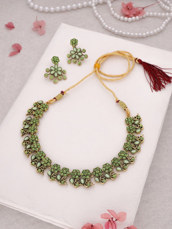 Tehzeeb Creations Luxurious Gold Polished Sea Green Colour Diamond Choker Necklace Set With Matching Earrings - Swadesiicart