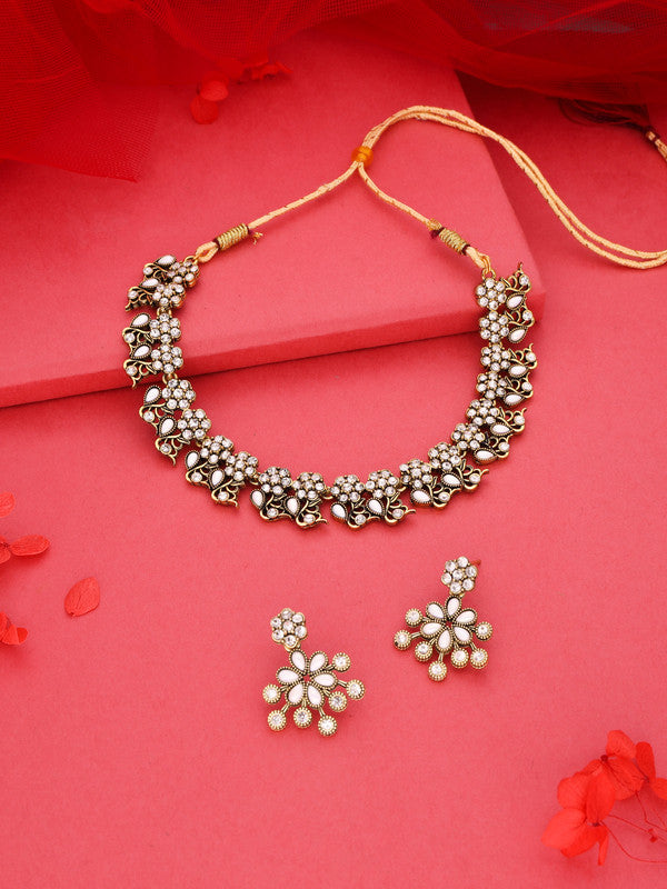 Tehzeeb Creations Luxurious Gold Polished White Colour Diamond Choker Necklace Set With Matching Earrings - Swadesiicart