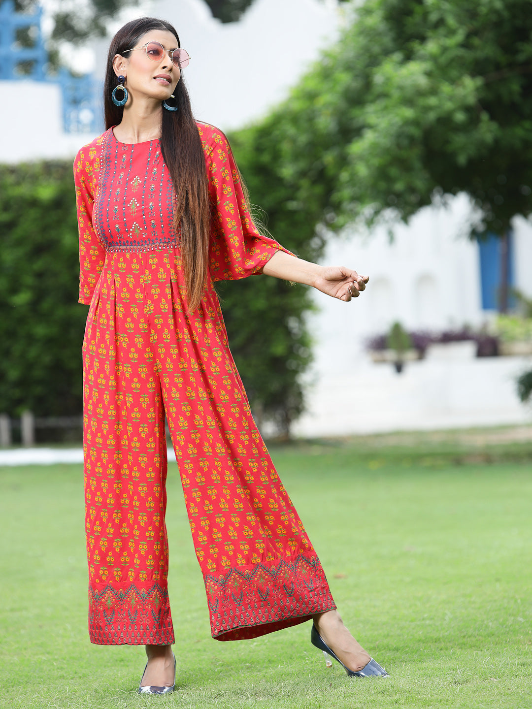 Juniper Women Coral Rayon Printed Regular Jumpsuit - Swadesiicart