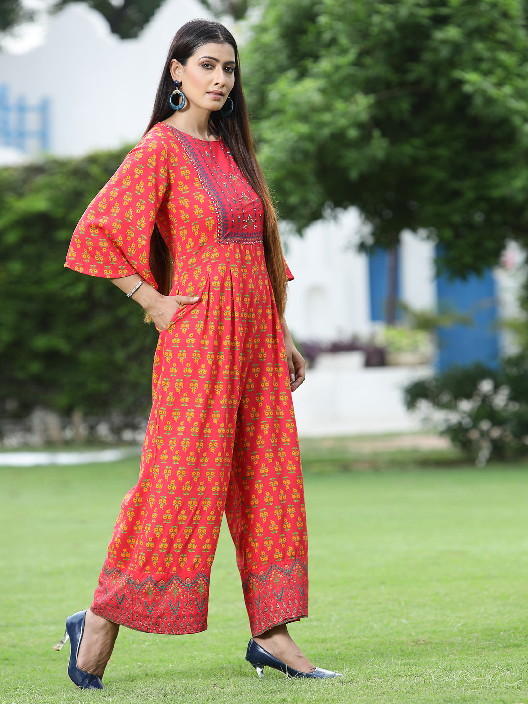 Juniper Women Coral Rayon Printed Regular Jumpsuit - Swadesiicart