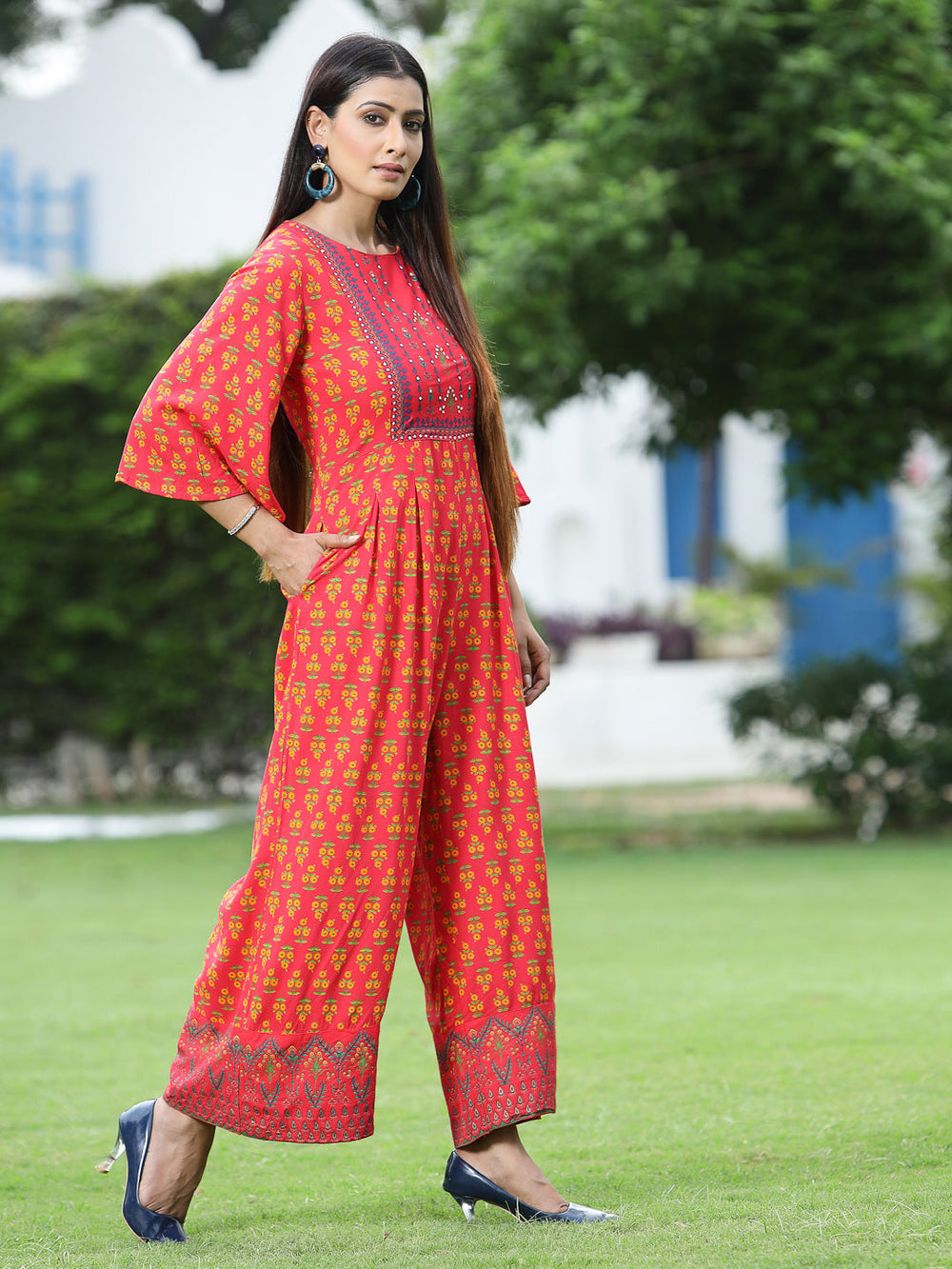 Juniper Women`s Coral Rayon Printed Regular Jumpsuit - Swadesiicart