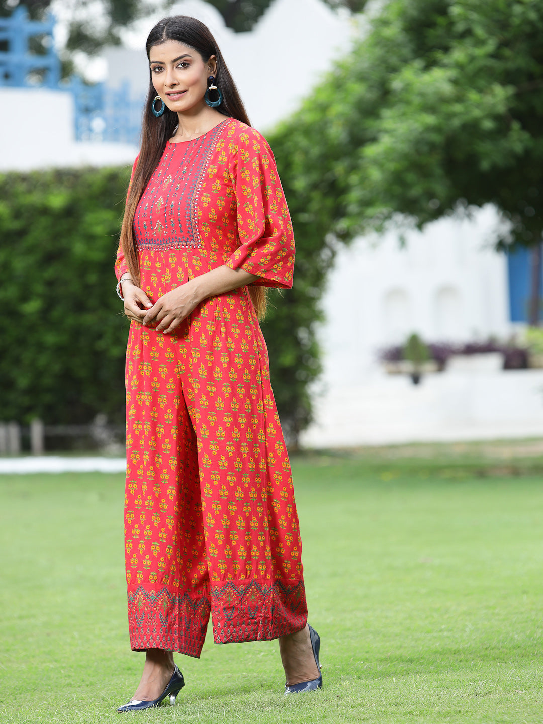 Juniper Women Coral Rayon Printed Regular Jumpsuit - Swadesiicart
