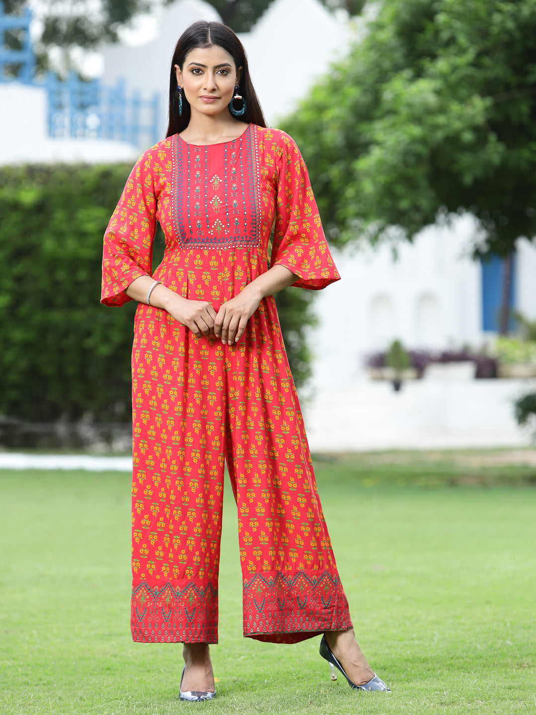 Juniper Women Coral Rayon Printed Regular Jumpsuit - Swadesiicart