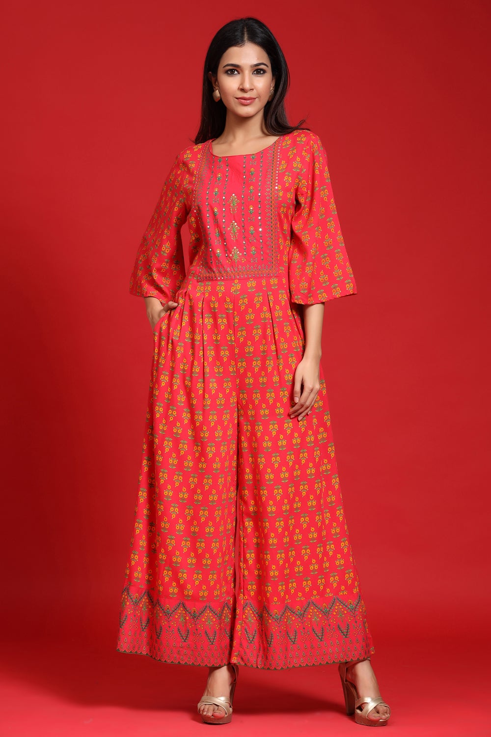 Juniper Women`s Coral Rayon Printed Regular Jumpsuit - Swadesiicart