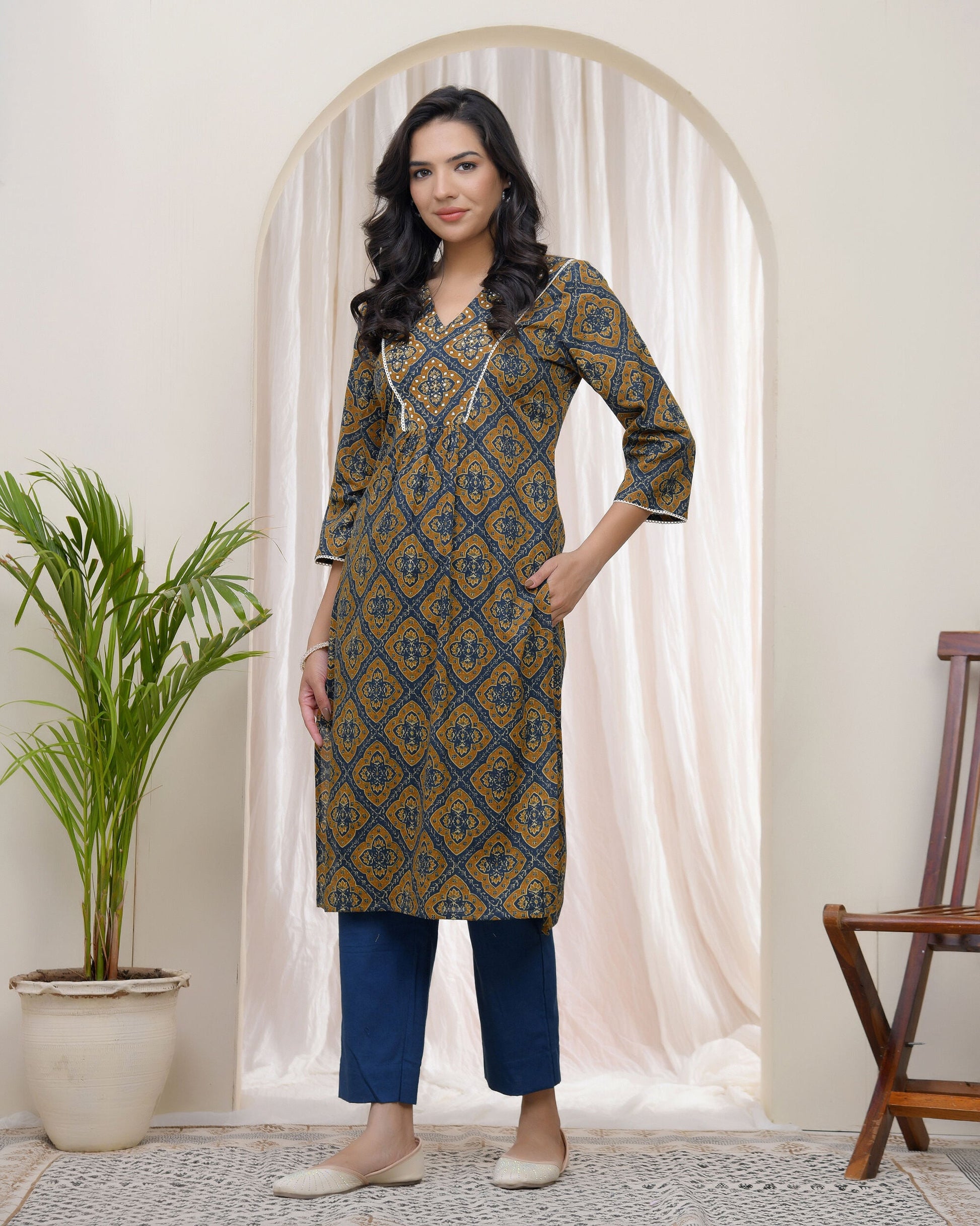 Vaasva Blue Ajrakh Cotton Printed Gathered Kurti - Swadesiicart