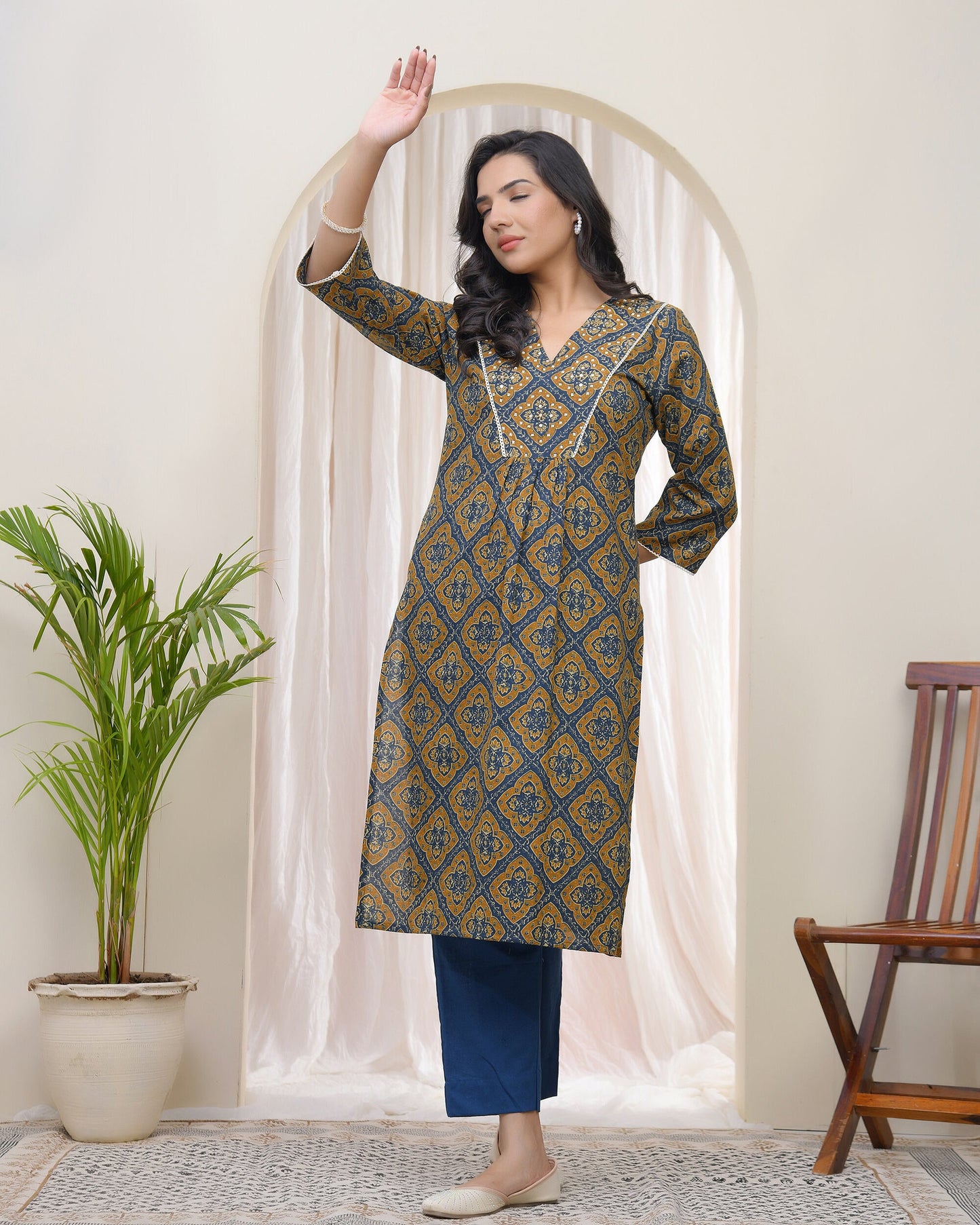 Vaasva Blue Ajrakh Cotton Printed Gathered Kurti - Swadesiicart