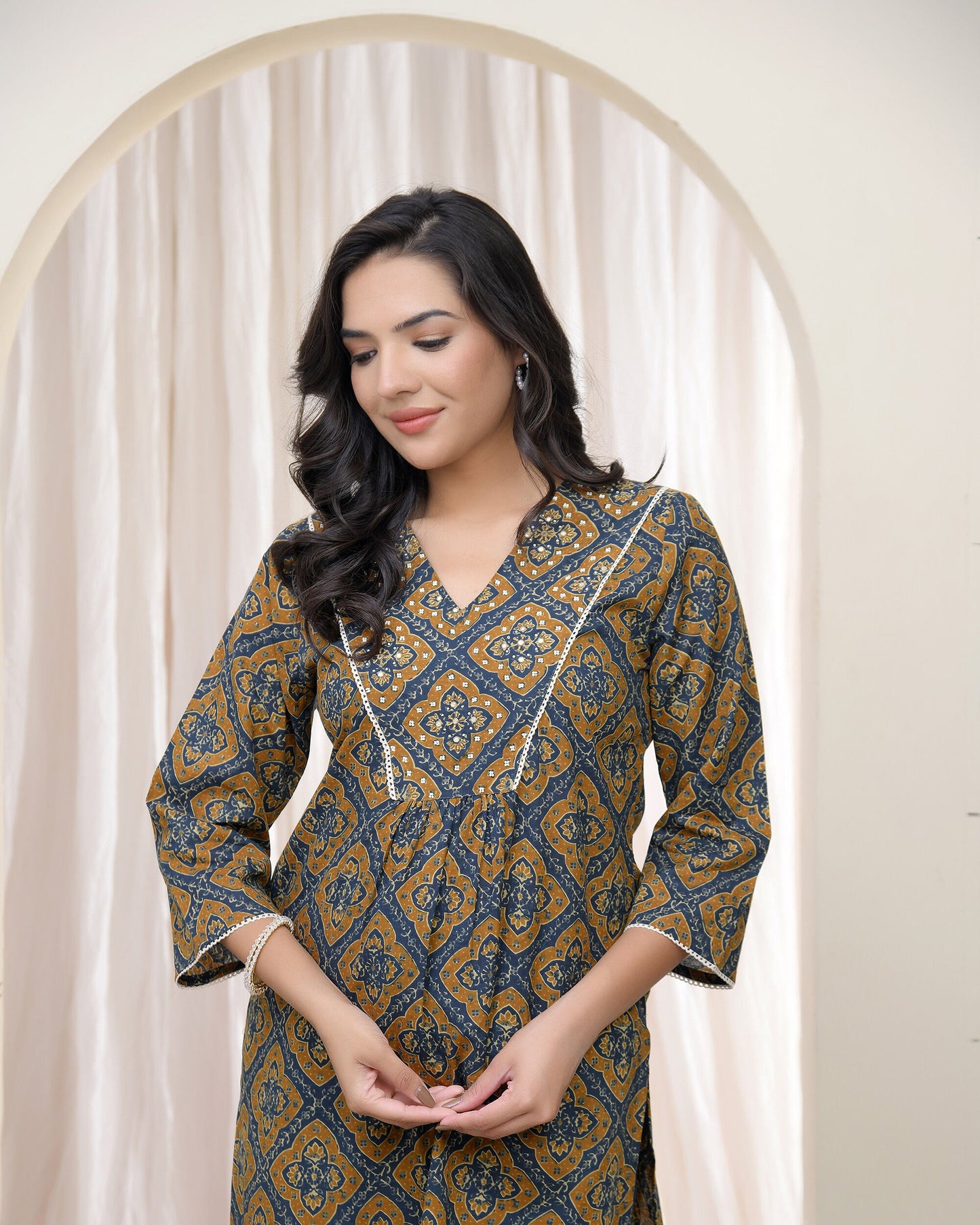 Vaasva Blue Ajrakh Cotton Printed Gathered Kurti - Swadesiicart