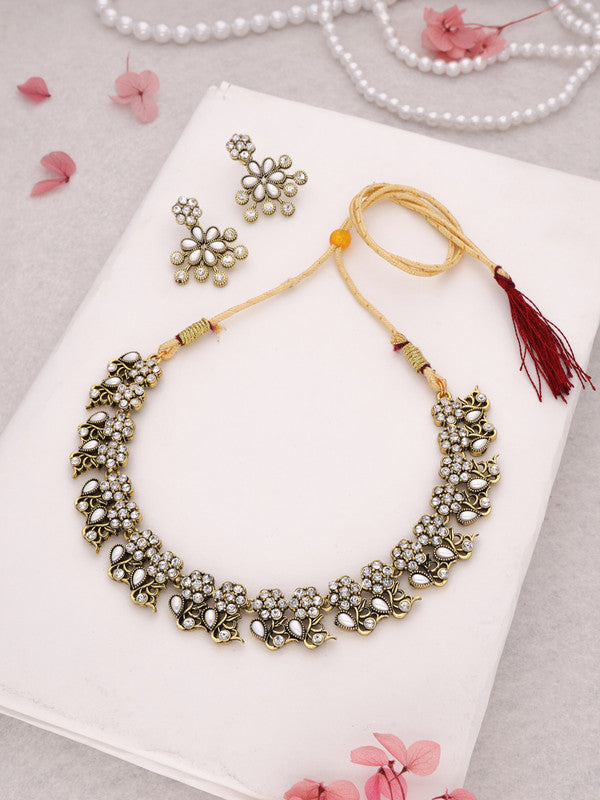 Tehzeeb Creations Luxurious Gold Polished White Colour Diamond Choker Necklace Set With Matching Earrings - Swadesiicart