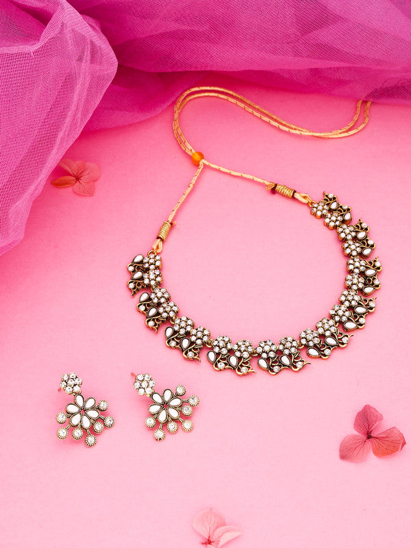 Tehzeeb Creations Luxurious Gold Polished White Colour Diamond Choker Necklace Set With Matching Earrings - Swadesiicart