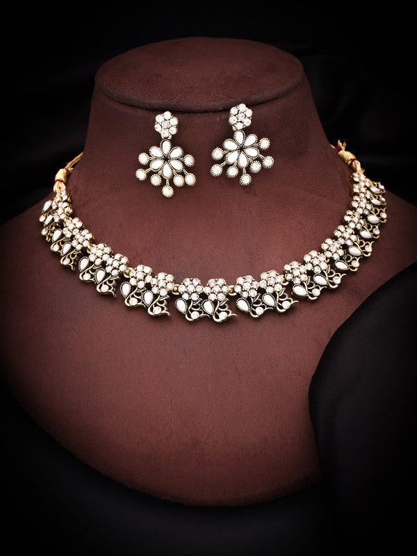 Tehzeeb Creations Luxurious Gold Polished White Colour Diamond Choker Necklace Set With Matching Earrings - Swadesiicart