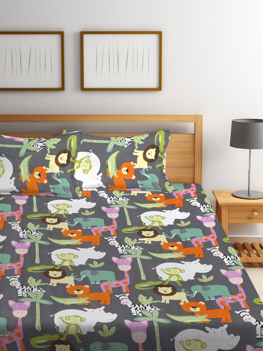 KLOTTHE Grey & Orange Cartoon Character Printed 300 TC King Bedsheet With 2 Pillow covers - Swadesiicart