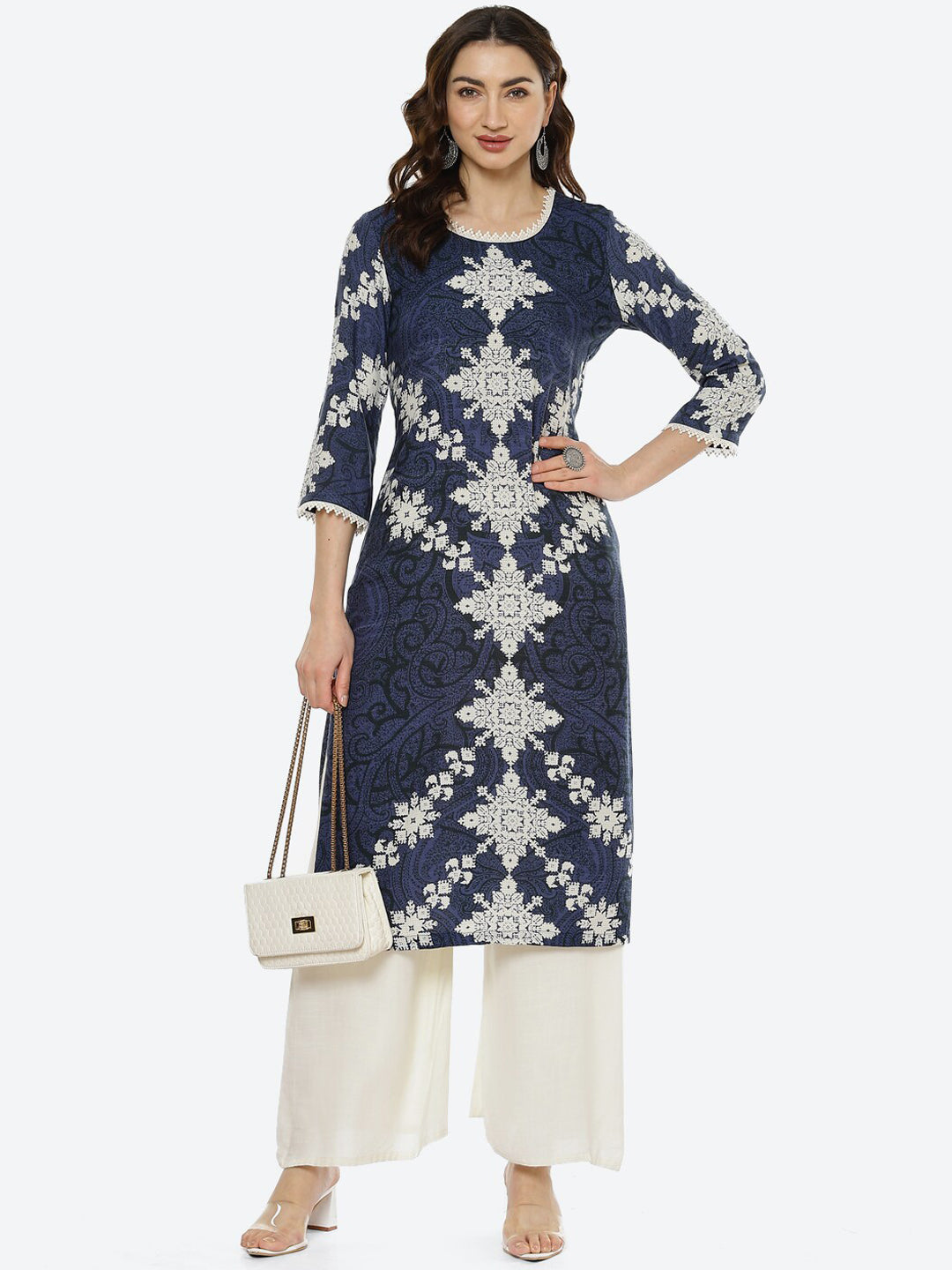 Biba Women Navy Blue & White Ethnic Motifs Printed Kurta - Swadesiicart