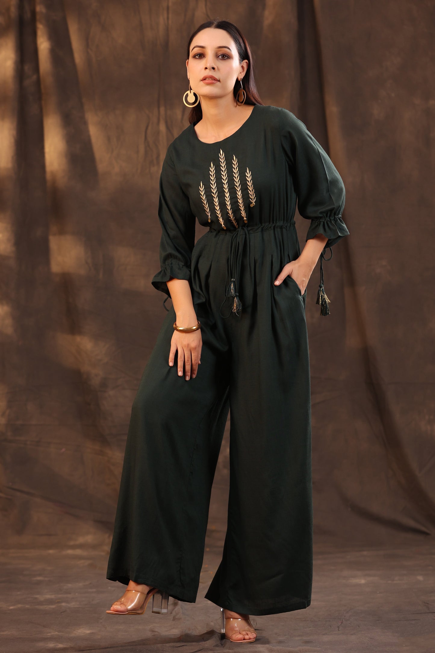 Juniper Women Jadegreen Rayon Slub Embroidered Regular Jumpsuit - Swadesiicart