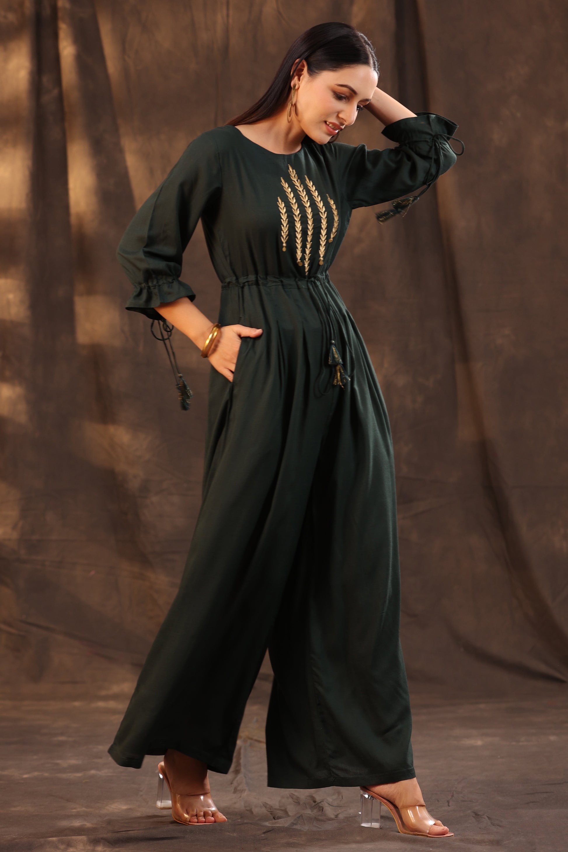 Juniper Women Jadegreen Rayon Slub Embroidered Regular Jumpsuit - Swadesiicart