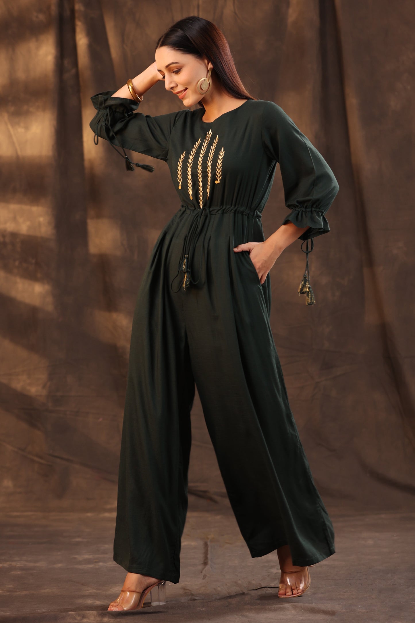 Juniper Women Jadegreen Rayon Slub Embroidered Regular Jumpsuit - Swadesiicart