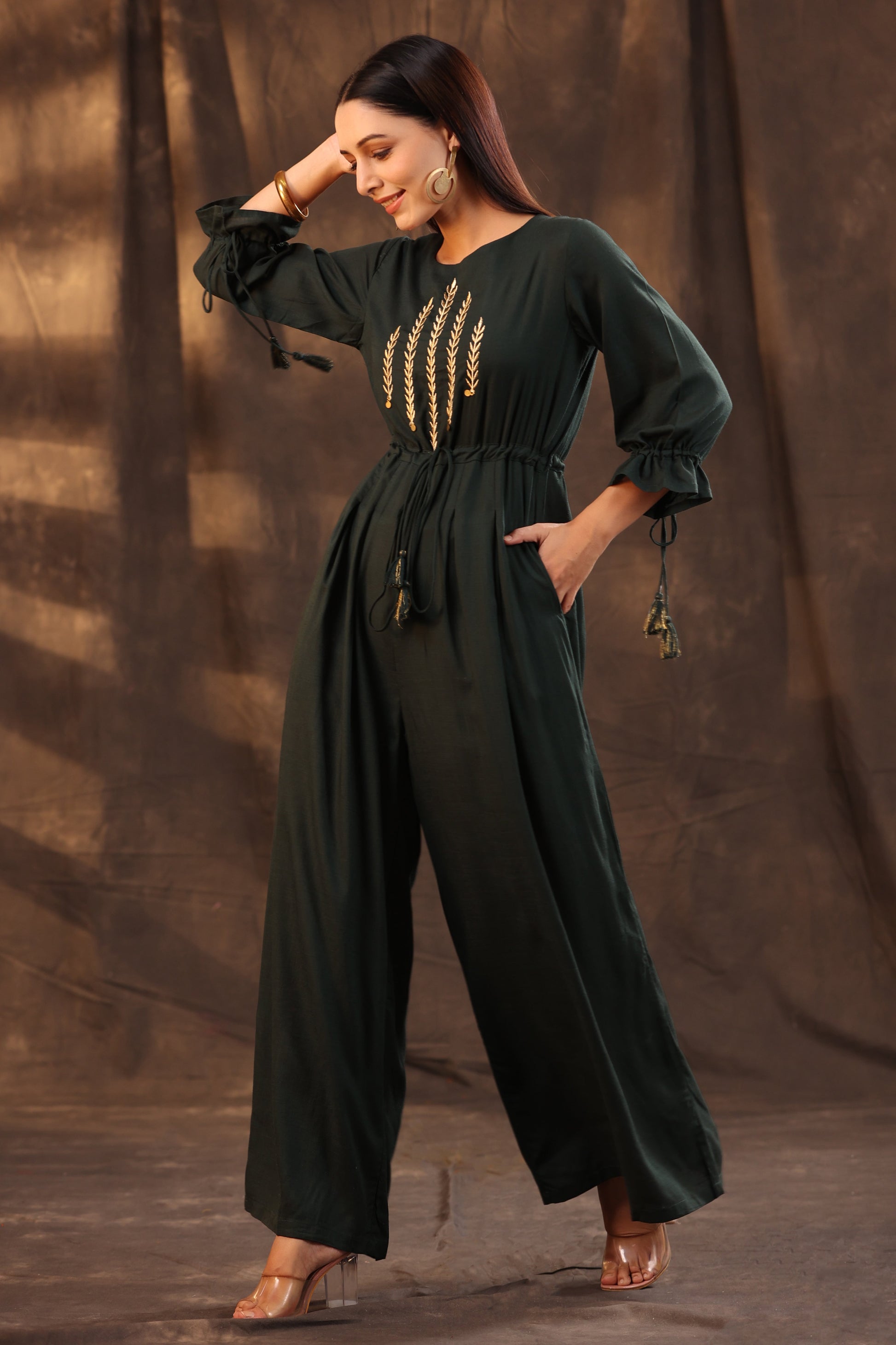 Juniper Women Jadegreen Rayon Slub Embroidered Regular Jumpsuit - Swadesiicart