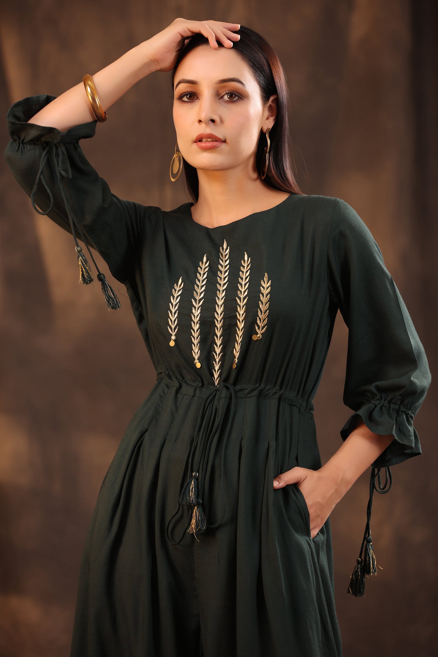 Juniper Women Jadegreen Rayon Slub Embroidered Regular Jumpsuit - Swadesiicart