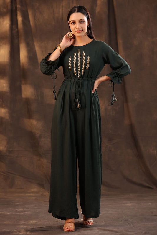 Juniper Women Jadegreen Rayon Slub Embroidered Regular Jumpsuit - Swadesiicart