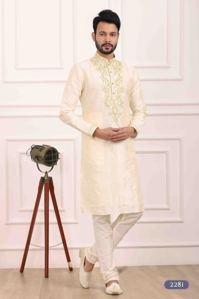 Raivat Ethnic Art Banarasi Silk Thread Work Kurta Pajama In Cream Colour | Swadesiicart