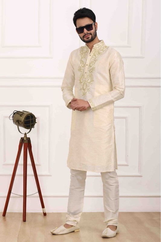 Raivat Ethnic Art Banarasi Silk Thread Work Kurta Pajama In Cream Colour | Swadesiicart