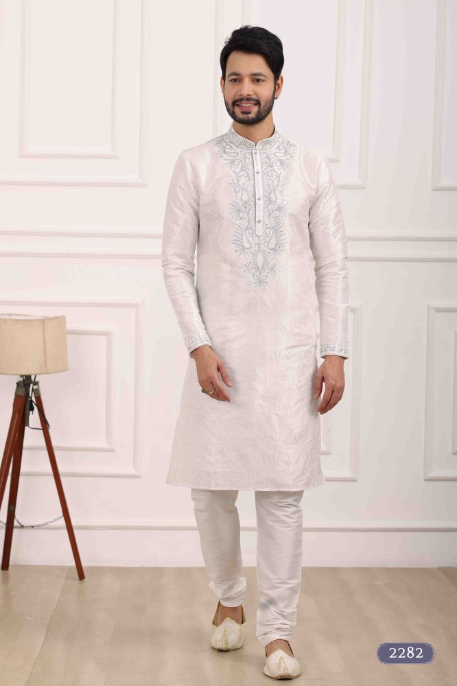 Raivat Ethnic Art Banarasi Silk Thread Work Kurta Pajama In Off White Colour | Swadesiicart