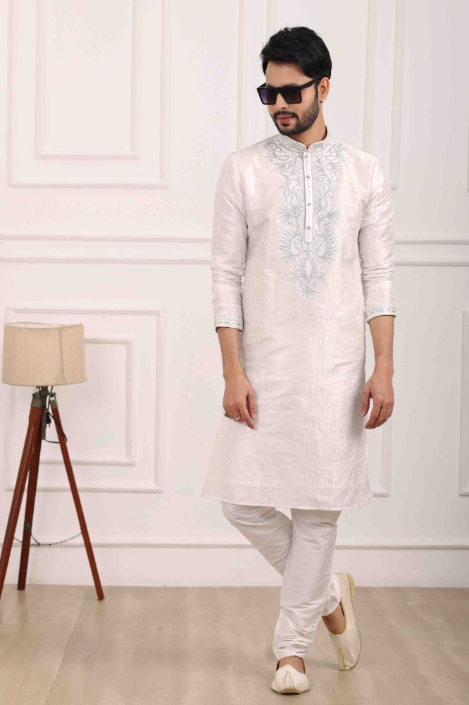Raivat Ethnic Art Banarasi Silk Thread Work Kurta Pajama In Off White Colour | Swadesiicart