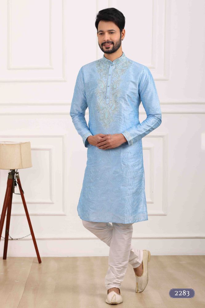 Raivat Ethnic Art Banarasi Silk Thread Work Kurta Pajama In Sky Blue Colour | Swadesiicart