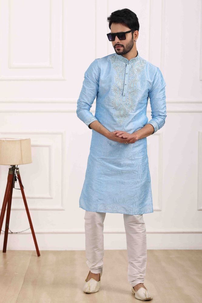 Raivat Ethnic Art Banarasi Silk Thread Work Kurta Pajama In Sky Blue Colour | Swadesiicart