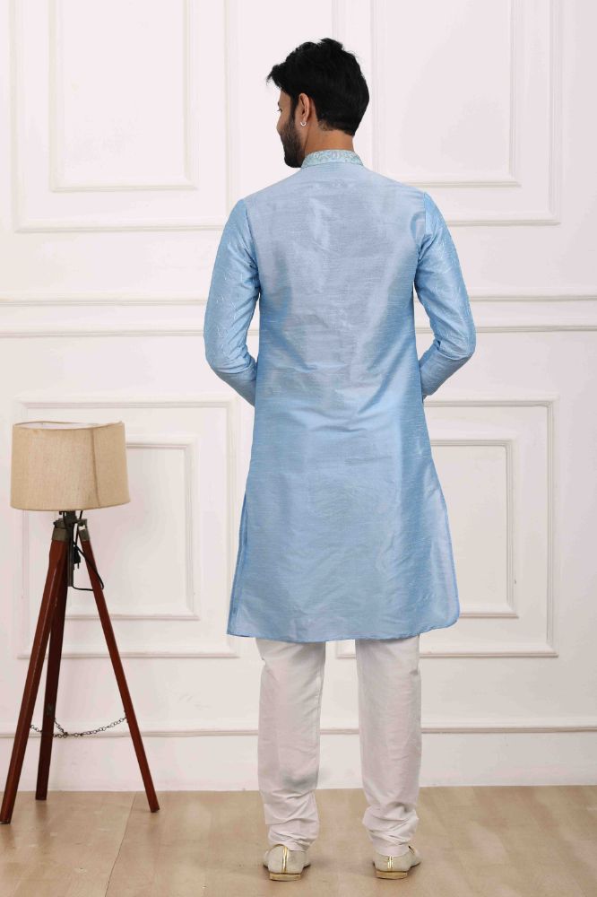 Raivat Ethnic Art Banarasi Silk Thread Work Kurta Pajama In Sky Blue Colour | Swadesiicart