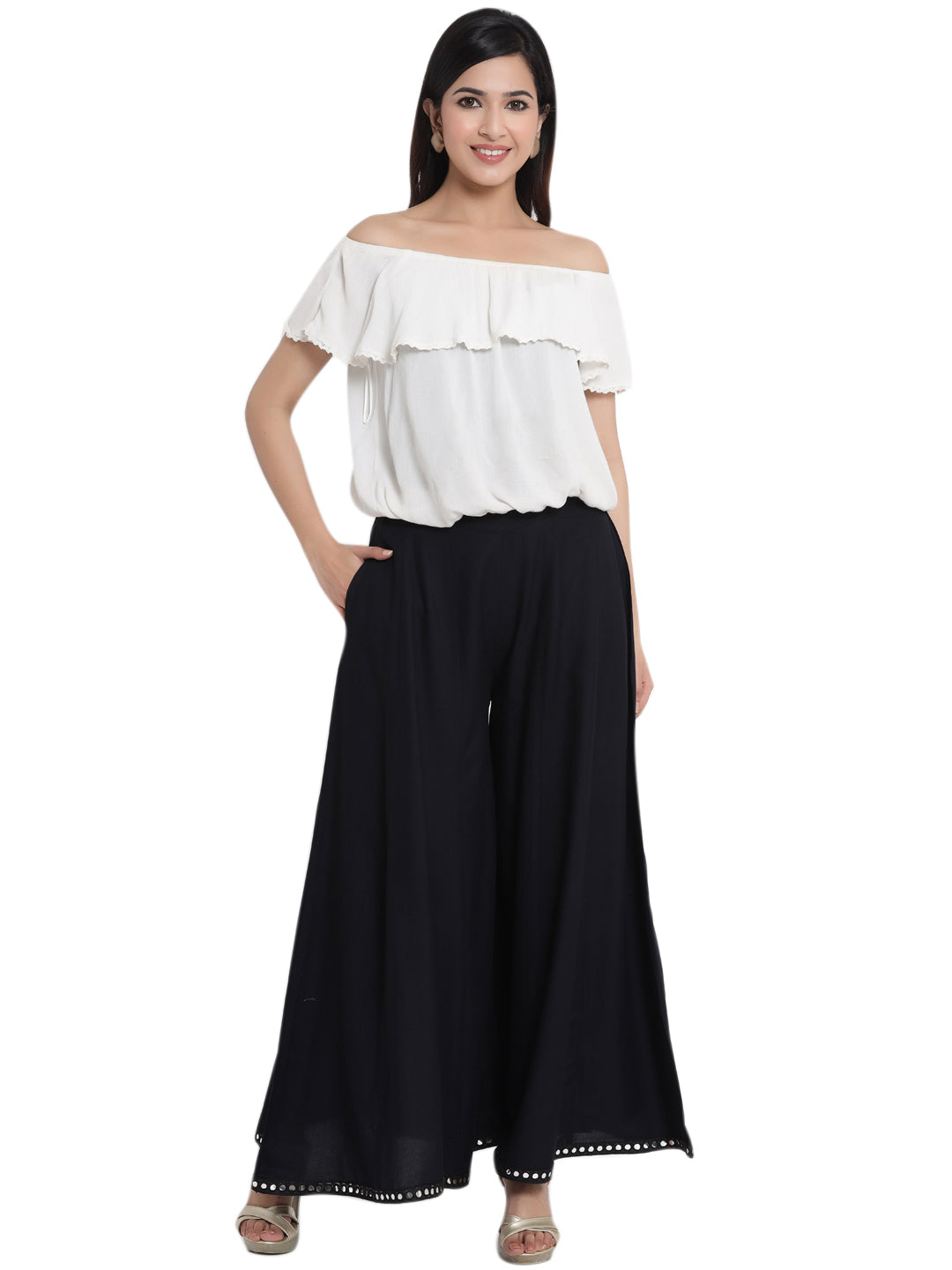Juniper Women Black Rayon Solid Flared Palazzo | Swadesiicart