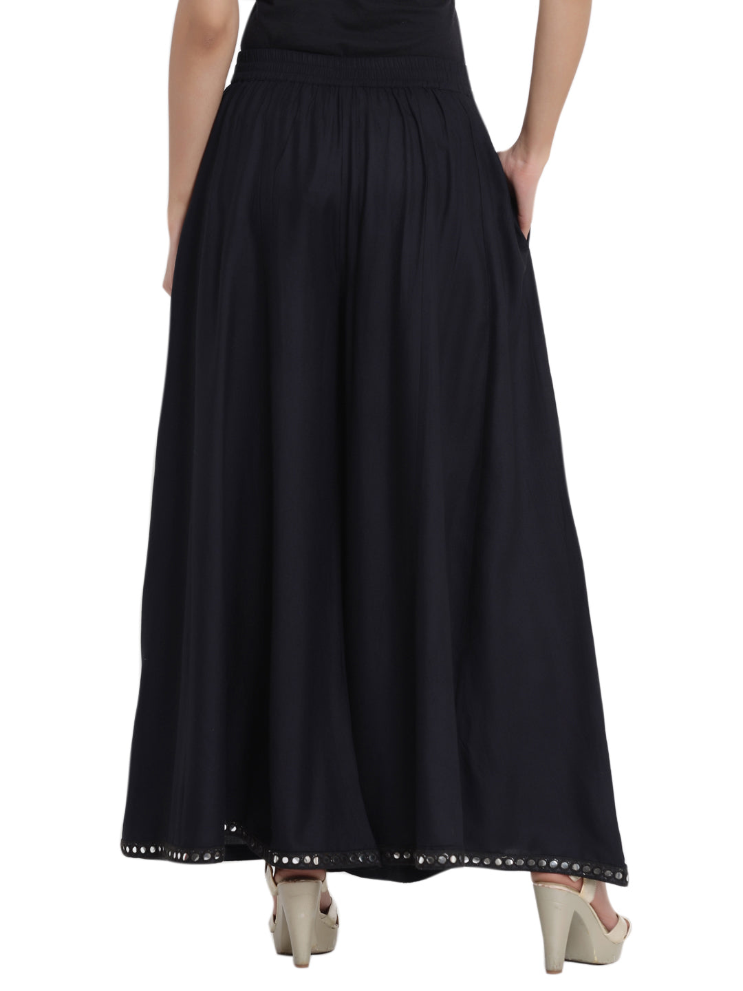 Juniper Women Black Rayon Solid Flared Palazzo | Swadesiicart