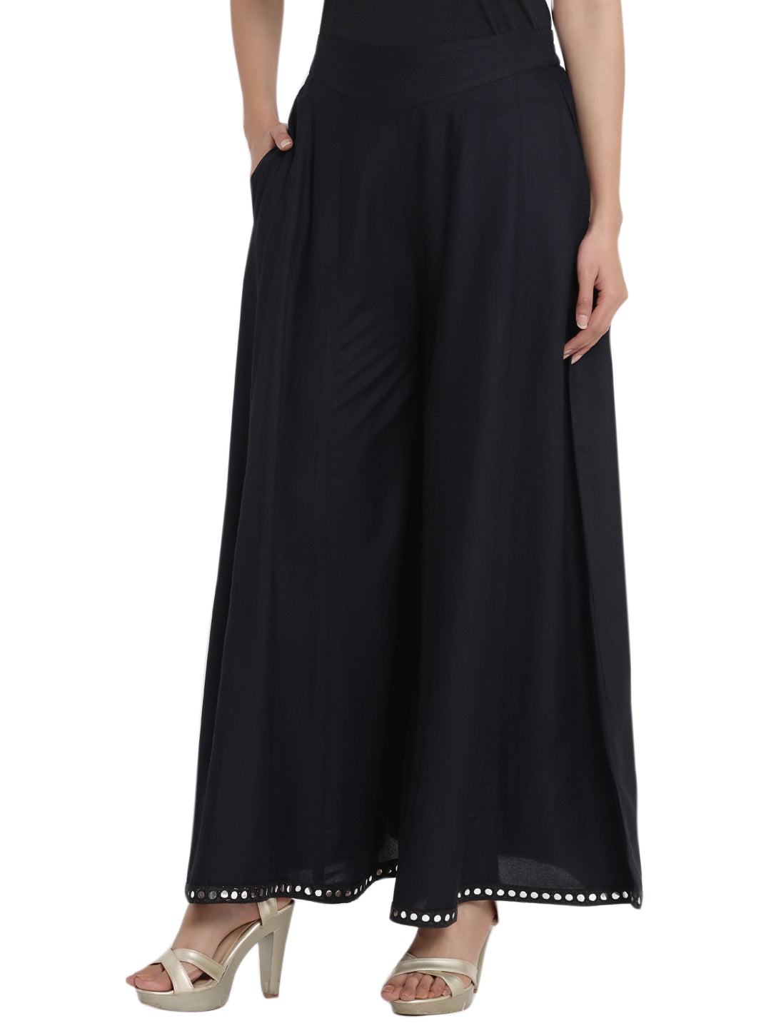 Juniper Women Black Rayon Solid Flared Palazzo | Swadesiicart