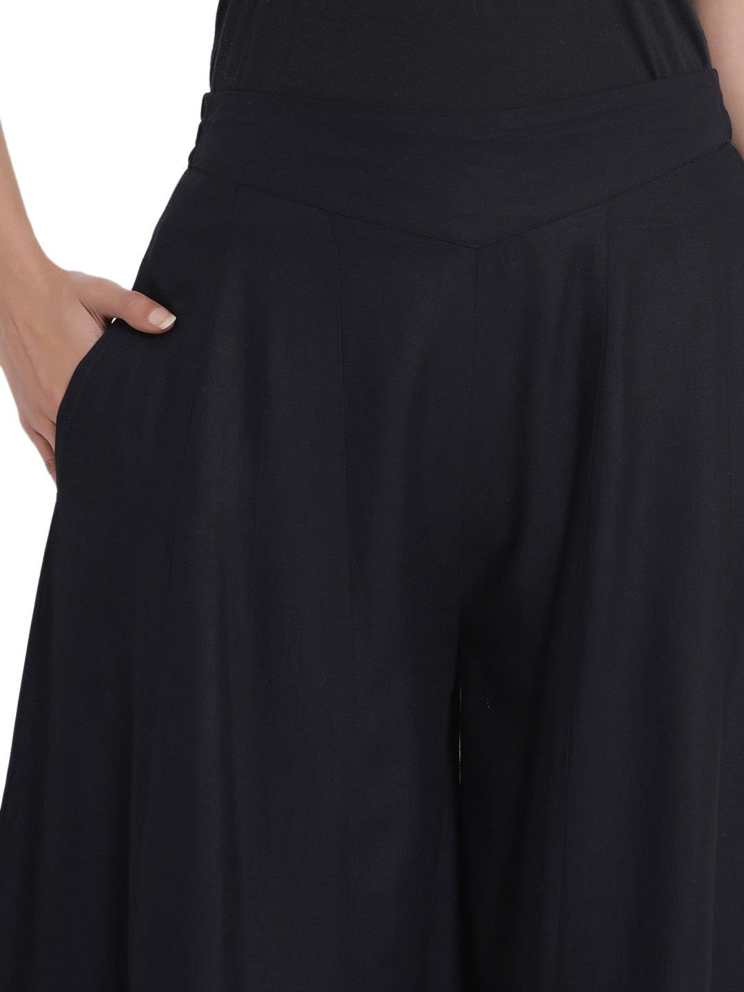 Juniper Women Black Rayon Solid Flared Palazzo | Swadesiicart