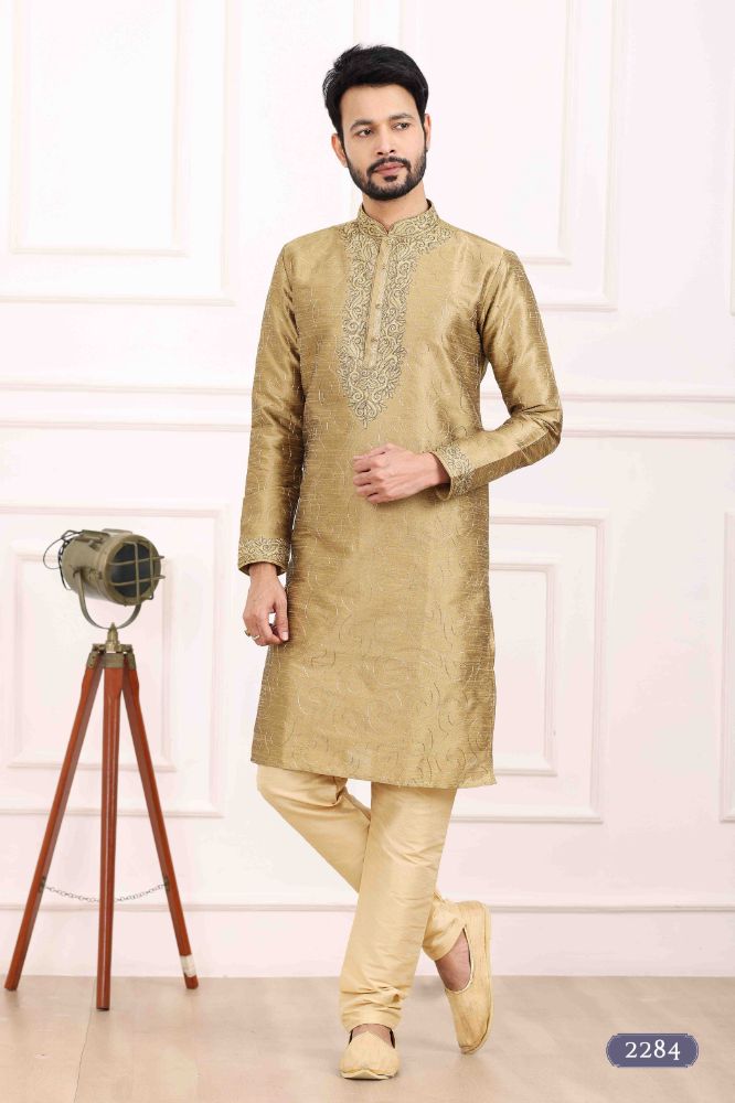 Raivat Ethnic Art Banarasi Silk Thread Work Kurta Pajama In Beige Colour | Swadesiicart