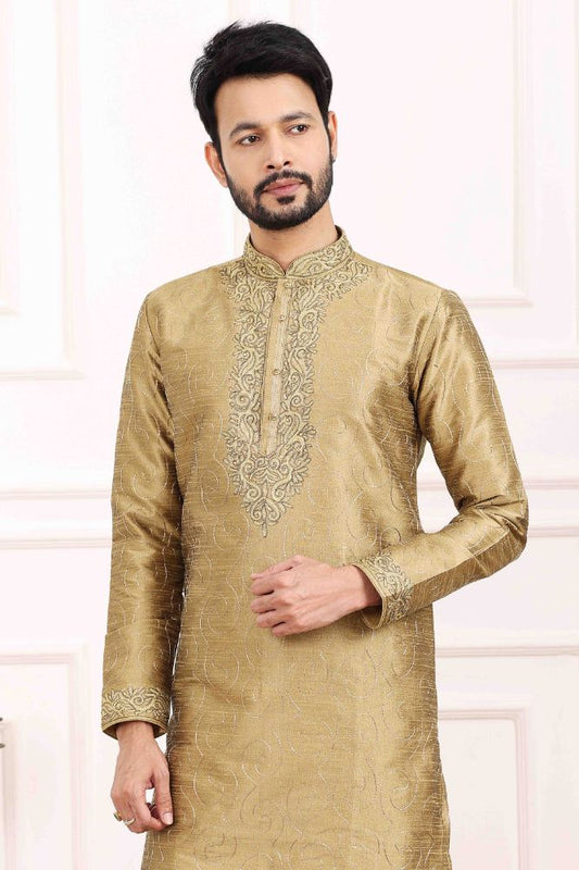 Raivat Ethnic Art Banarasi Silk Thread Work Kurta Pajama In Beige Colour | Swadesiicart