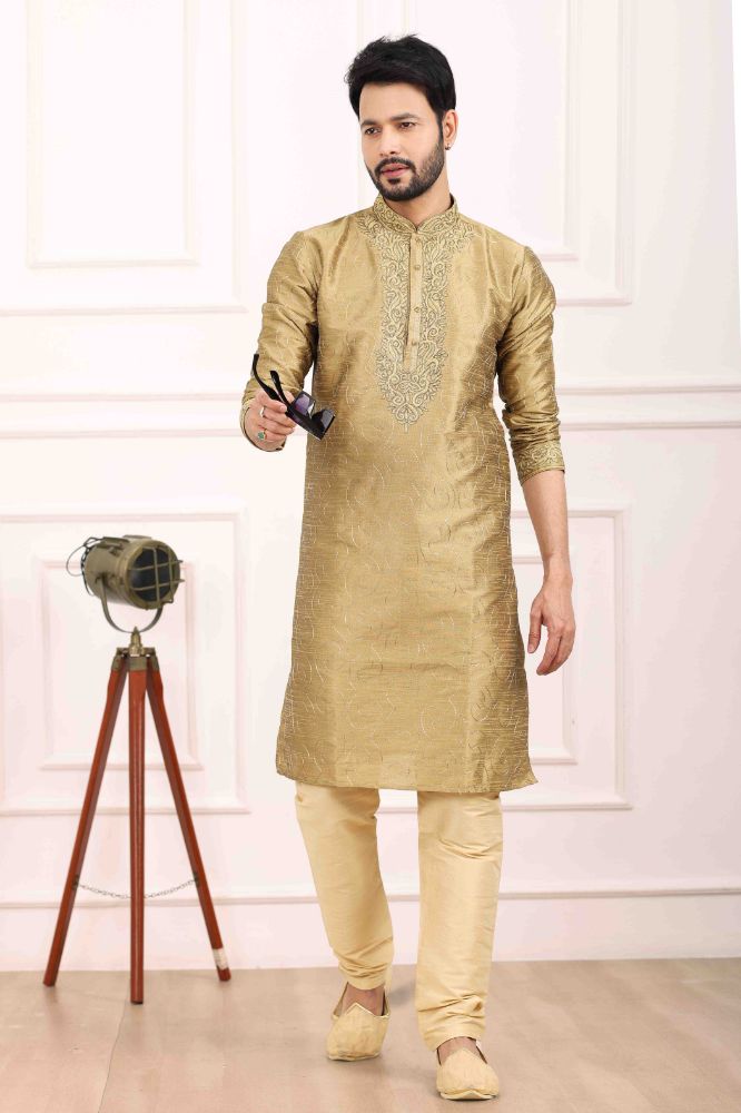 Raivat Ethnic Art Banarasi Silk Thread Work Kurta Pajama In Beige Colour | Swadesiicart