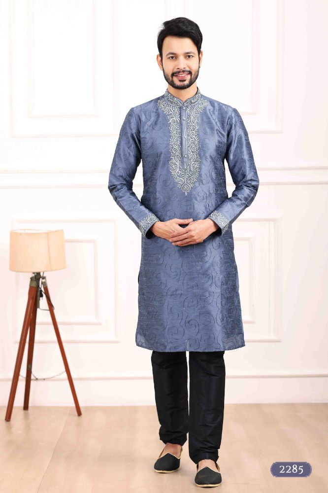 Raivat Ethnic Art Banarasi Silk Thread Work Kurta Pajama In Blue Colour | Swadesiicart