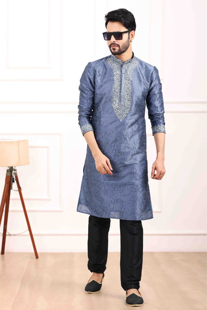 Raivat Ethnic Art Banarasi Silk Thread Work Kurta Pajama In Blue Colour | Swadesiicart