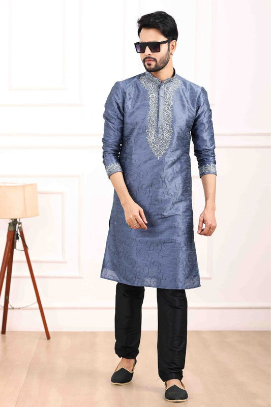 Raivat Ethnic Art Banarasi Silk Thread Work Kurta Pajama In Blue Colour | Swadesiicart